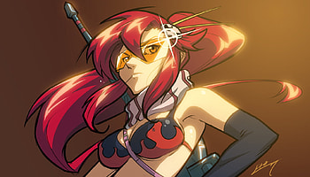 Yoko Littner, gurren lagann, red hair, long hair, glasses, gun, female, brown background, yoko, bikini top, teggen toppa gurren lagann, girl, gloves, weapons, anime girl, anime, scarf HD wallpaper