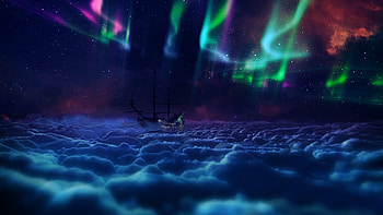 Sea of clouds, aurora, ship, digital, colors, clouds, sky, stars HD wallpaper