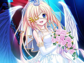 Odin, wings, bouquet, feathers, blonde, eyepatch, wedding dress, gloves, angel, dress, short hair, flowers HD wallpaper