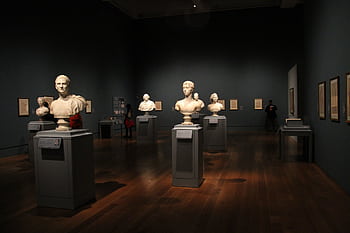 An art gallery with classical sculptures and framed art, showcasing elegant indoor lighting and design. HD wallpaper