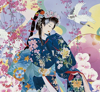 Geisha, bird, art, flower, parasol, girl, crane, blue, kimono, pink HD wallpaper