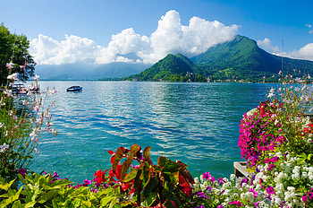 Lake Annecy, blue, coast, France, beautiful, mountain, lake, view, clouds, flowers, sky HD wallpaper