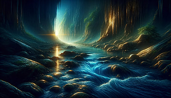 Mystical Cave River, underground river, cave, fantasy landscape, river, glowing light HD wallpaper