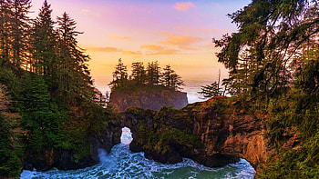 Natural bridge at Southern Oregon Coast, sea, colors, trees, clouds, sky, rocks, usa, sunset HD wallpaper