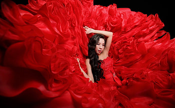 Beauty, model, asian, flower, red, peony, girl, dress, woman HD wallpaper