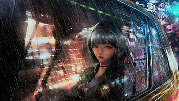 Anime Girl In Taxi Raining , anime-girl, anime, artist, artwork, digital-art, sad, alone, rain HD wallpaper