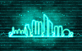 Abu Dhabi turquoise neon silhouette, , turquoise neon lights, Abu Dhabi skyline silhouette, turquoise brickwall, UAE cities, neon skyline silhouettes, UAE, Abu Dhabi silhouette, Abu Dhabi, United Arab Emirates HD wallpaper