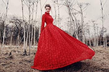Model in a Beautiful Red Lace Dress, outdoors, model, dress, blonde HD wallpaper