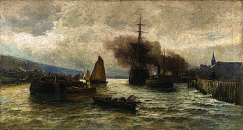 Jaume Morera i Galícia - El Sena, Cercanías de El Havre, Puerto de Rouen (1884), boat, harbor, artistic, painting HD wallpaper