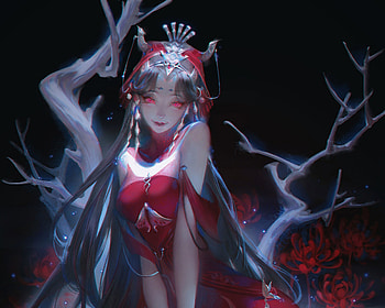 Fantasy girl, night, blue, art, girl, dark, demon, fantasy, red, arden HD wallpaper