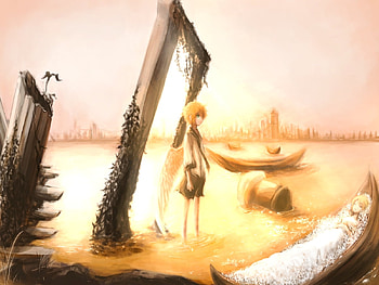 Kagamine Rin & Len, boat, white, painted, len, rin, vocaloid, kagamine, anime, yellow hair, yellow, water, hair HD wallpaper