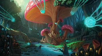 Art, Jellyfish, Mashrooms, Wood, Tree, Fiction, That's Incredible HD wallpaper