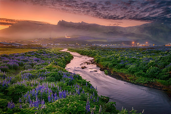 Midnight of Vik Church, Iceland, Flowers, Lights, Mountain HD wallpaper