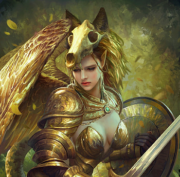 Marchosias, frumusete, sword, fantasy, art, angel, girl, golden, mario wibisono, luminos HD wallpaper