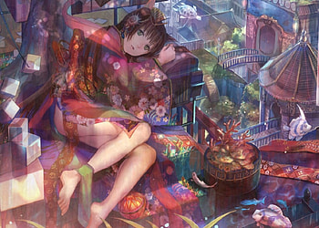 watery, animal, kimono, magic, coral, yukata, house, girl, anime girl, turtle, anime, fantasy, magical, building, fish, female HD wallpaper