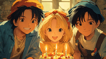 Sunlit Anime Birtay — Joyful Trio Cake, Anime, birtay cake, child HD wallpaper