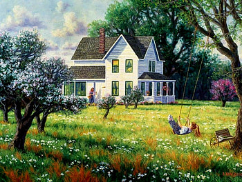 Orchard Swing, Flowers, House, Girl, Trees HD wallpaper