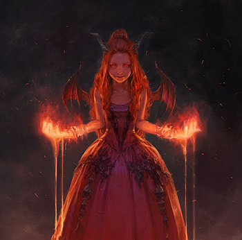 Demoness, wings, black, frumusete, bat, girl, orange, demon, luminos, park pyeongjun, fire HD wallpaper