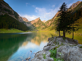 Lake Mountains, summer, reflection, trees, nature, mountains, forest, lake HD wallpaper