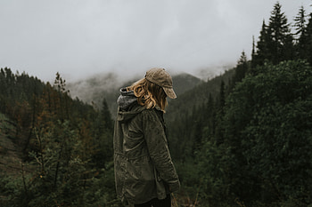 Mountains, Rain, Silhouette, Miscellanea, Miscellaneous, Forest, Human, Person HD wallpaper