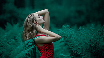 Red Dress Girl In Forest, girls, model, red-dress HD wallpaper