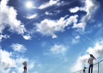 anime landscape, blue, macross frontier, macross, long hair, scenery, scenic, short hair, male, cloud, female, scene, landscape, girl, anime girl, boy, anime, sky HD wallpaper