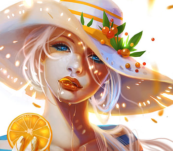 Citrus summer, art, girl, last, summer, thander lin, citrus, fantasy, lemon, yellow, lastart, face, fruit, vara, hat, las t HD wallpaper