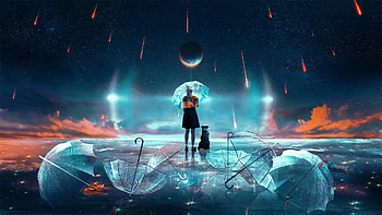 Celestial Shoreline — Woman & Dog, Surreal Quad, artistic, surreal, woman, dog, landscape HD wallpaper