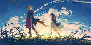 Sunrise, blue, art, morning, man, girl, fantasy, yuumei, couple, sky, wenqing yan, cloud HD wallpaper