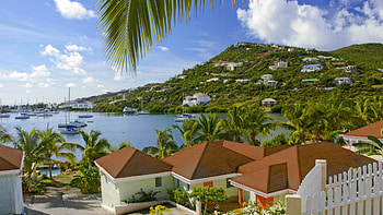 lovely caribbean harbor, hills, boats, clouds, trees, harbor, village HD wallpaper