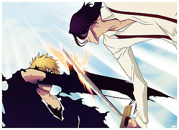 Kurosaki Ichigo VS Tsukishima Shukuro, ichigo, shukuro tsukishima, fight, weapons, ichigo kurosaki, bleach, action, anime, kurosaki ichigo, swords, battle, tsukishima shukuro HD wallpaper