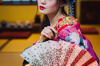 :), hand fan, kimono, pink, asian, yellow, detail, evantai, girl HD wallpaper