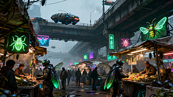 Neon Bug Bazaar — Cyberpunk, Cyberpunk, Neon Sign, Flying Car HD wallpaper