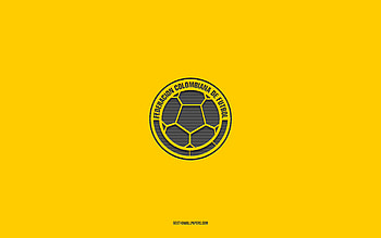 Colombia national football team, yellow background, football team, emblem, CONMEBOL, Colombia, football, Colombia national football team logo, South America HD wallpaper
