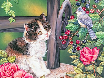 sweet kitten, rose, bird, trees, cute, cat, flowers HD wallpaper