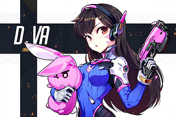 D-Va, blue, black, cute, long hair, beauty, lady, gun, female, sweet, white, girl, beautiful, black hair, woman, bunny, anime girl, pink, anime, pretty, lovely HD wallpaper