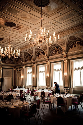 Luxurious dining room featuring classical chandeliers and ornate ceiling. HD phone wallpaper
