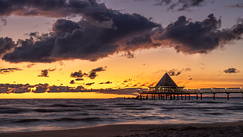 Nature, Sunset, Sky, Sea, Pier, Bungalow HD wallpaper