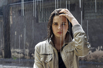 - In The Rain -, wet hair, Brunette, Leather jacket, sad face, female, Rain HD wallpaper