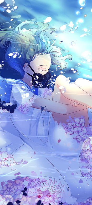 underwater, short hair, dress, flower, mask, Anime, girl, anime girl HD phone wallpaper