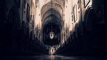 What's in the end?, chandelier, corridor, light, end, walk, long, dark HD wallpaper