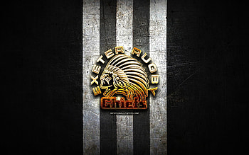 Exeter Chiefs, golden logo, Premiership Rugby, black metal background, english rugby club, Exeter Chiefs logo, rugby HD wallpaper