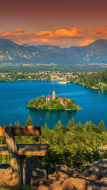 View of Lake Bled from the Bench, island, lake, religious HD phone wallpaper