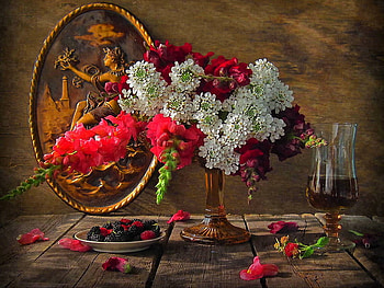 Still life, mirror, white, beautiful, nice, pretty, red, flowers, lovely, harmony HD wallpaper