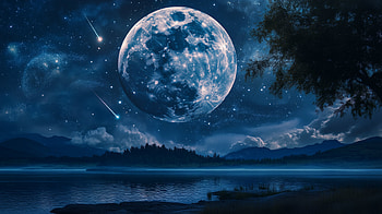 Sturgeon Moon Over Midnight Forest Lake, Stars, full moon, forest HD wallpaper