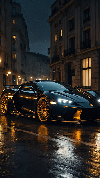 Luxury Black and Gold Sports Car on Wet Night Street, Rain HD phone wallpaper