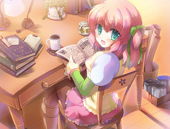 Study for Exam, chair, cute, short hair, coffe, desk, female, table, room, ribbon, girl, cup, anime girl, book, anime, brown hair, green eyes, drink HD wallpaper