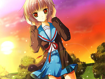 Yuki Nagato, daytime, colorful, uniform, bushes, girl, leaves, short hair, trees, nature, school, sky, sunset, female HD wallpaper