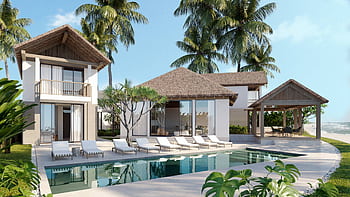 Elegant tropical villa with a private pool, palm trees, and ocean view. HD wallpaper