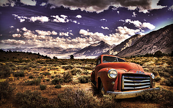a rusted GMC pickup abandoned in a desert r, pickup, rust, clouds, desert, r, mountains, brushes HD wallpaper